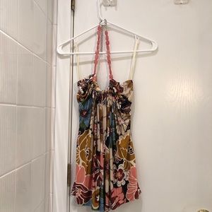 Sky 100% Silk Floral Halter Top! With coral bead